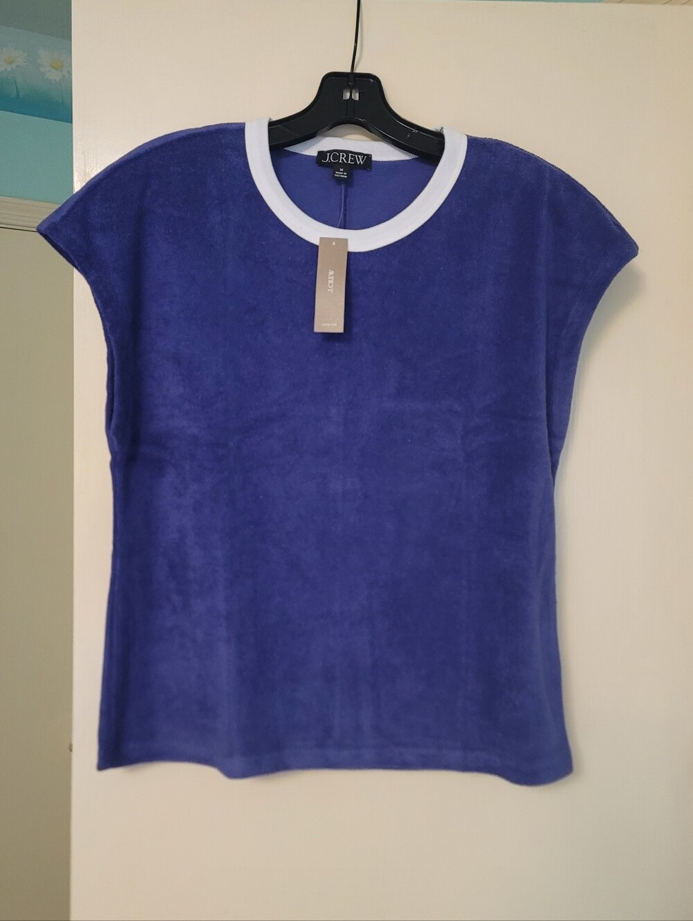 J. Crew Women's M Towel Terry Contrast Trim Top Blue White Cotton NWT